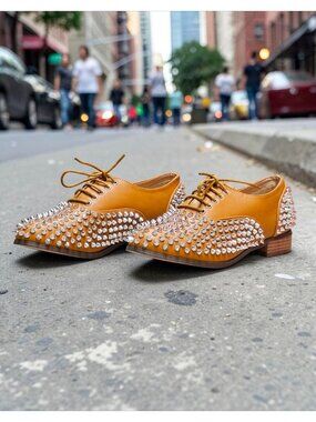 Studded Tan Faux Leather Oxford Shoes With Silver Spikes Lace-Up Design Statemen